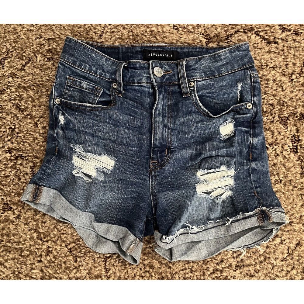 Aeropostale Shorts Sz 2 Jean‎ Super Hi-Rise Midi Distressed Blue Denim Stretch